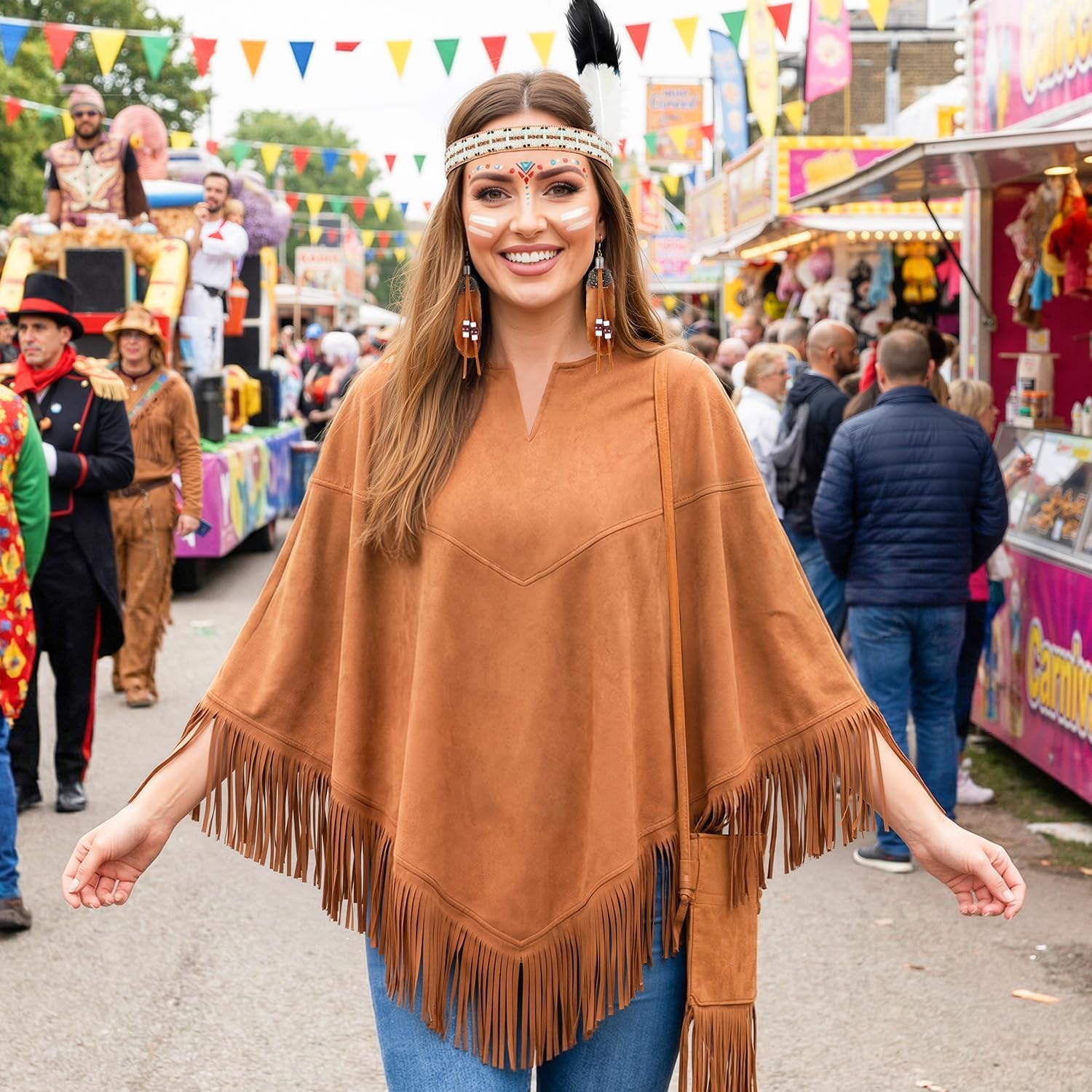 Women’S Native American Inspired Costume Set – Brown Tassel Poncho with Fringe Crossbody Bag, Feather Headband, Tribal Style Earrings for Halloween Carnival Cosplay Party Dress Up - Image 7