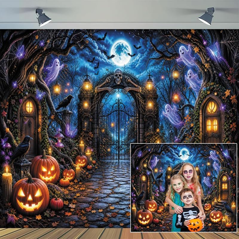 10X8Ft Halloween Cemetery Backdrop, Spooky Forest Skeleton Gate Photography Background with Jack‑O‑Lantern Ghost Crow Maple Leaves, Halloween Party Decor, Photo Booth Props
