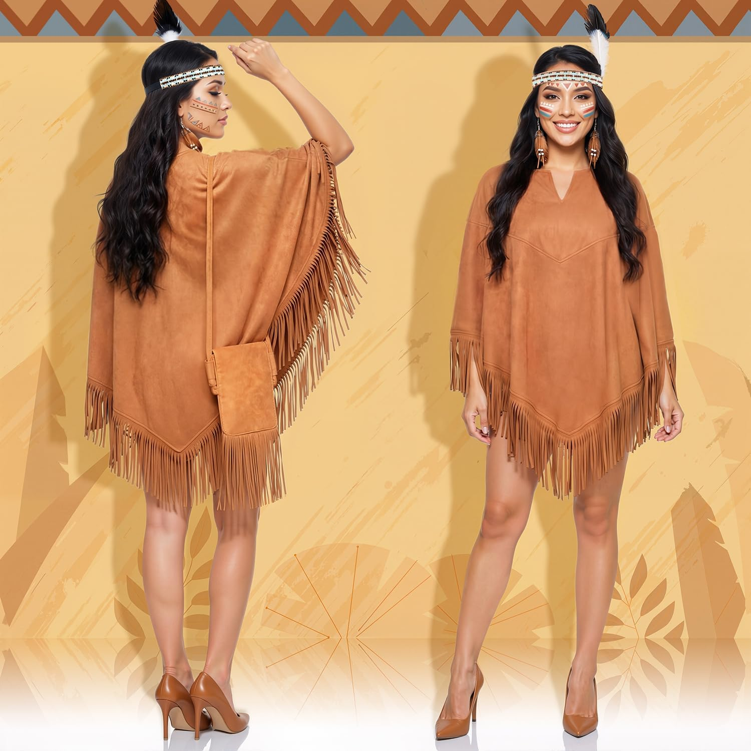 Women’S Native American Inspired Costume Set – Brown Tassel Poncho with Fringe Crossbody Bag, Feather Headband, Tribal Style Earrings for Halloween Carnival Cosplay Party Dress Up - Image 2