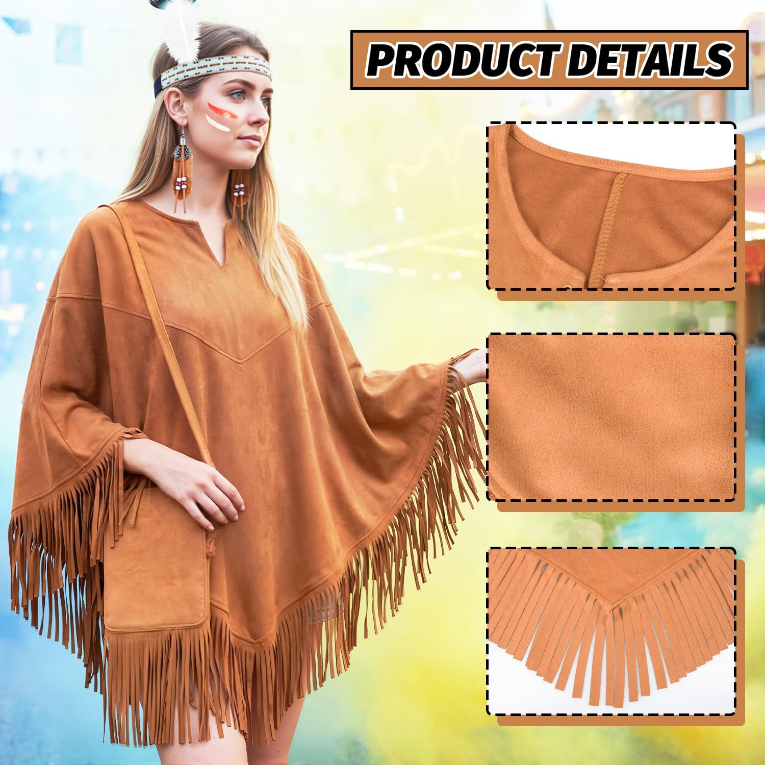 Women’S Native American Inspired Costume Set – Brown Tassel Poncho with Fringe Crossbody Bag, Feather Headband, Tribal Style Earrings for Halloween Carnival Cosplay Party Dress Up - Image 4