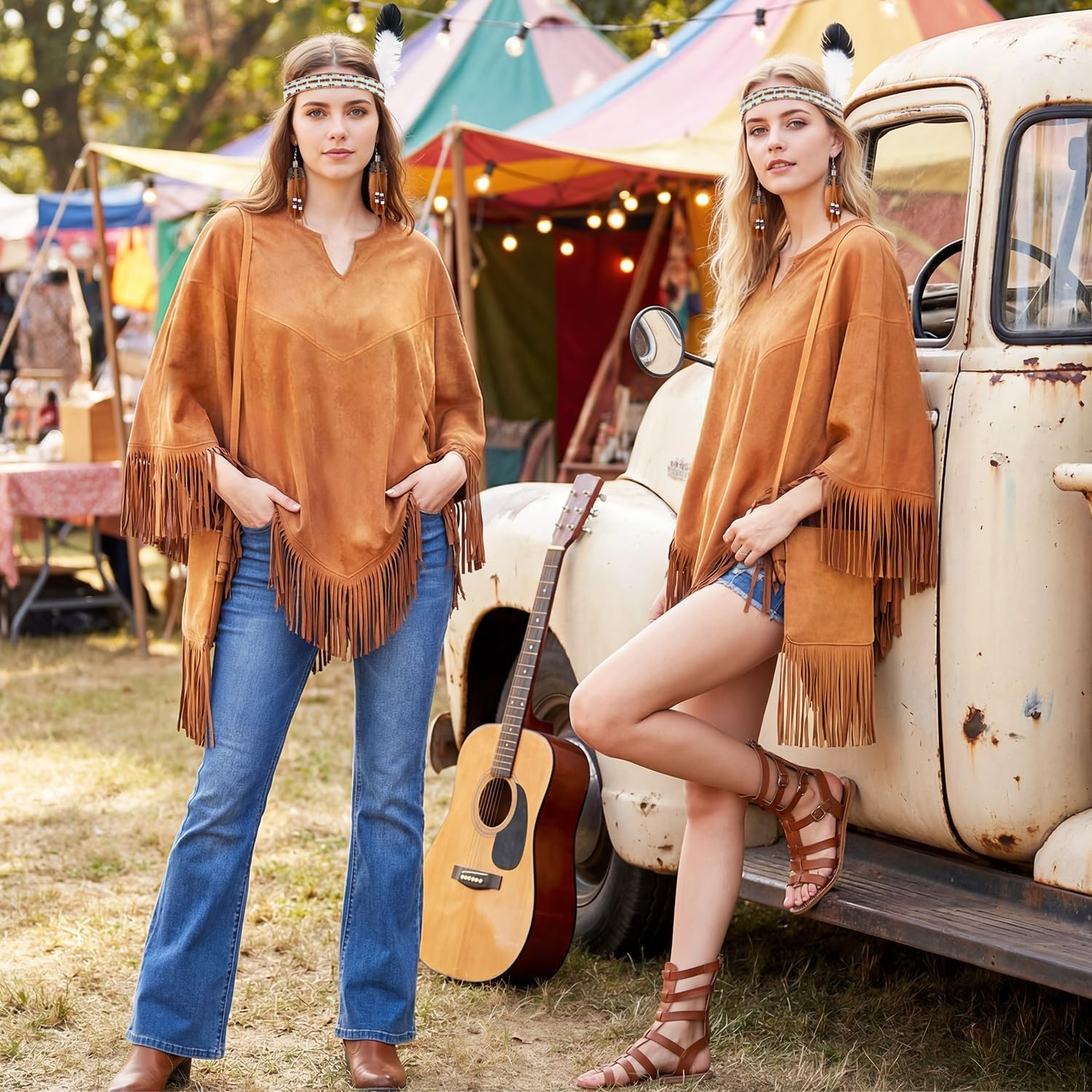 Women’S Native American Inspired Costume Set – Brown Tassel Poncho with Fringe Crossbody Bag, Feather Headband, Tribal Style Earrings for Halloween Carnival Cosplay Party Dress Up - Image 6