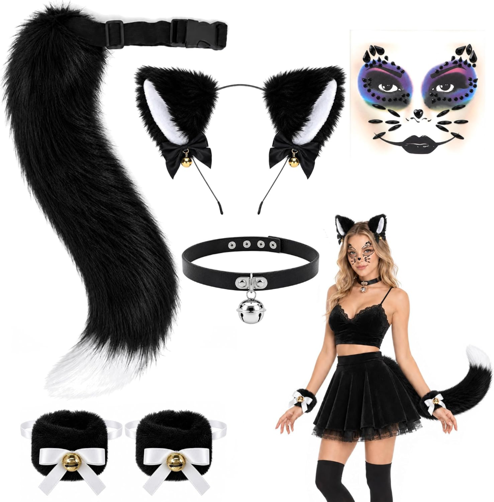 5 Pcs Halloween Cat Women Costume Accessories, Furry Cat Ears Cuffs