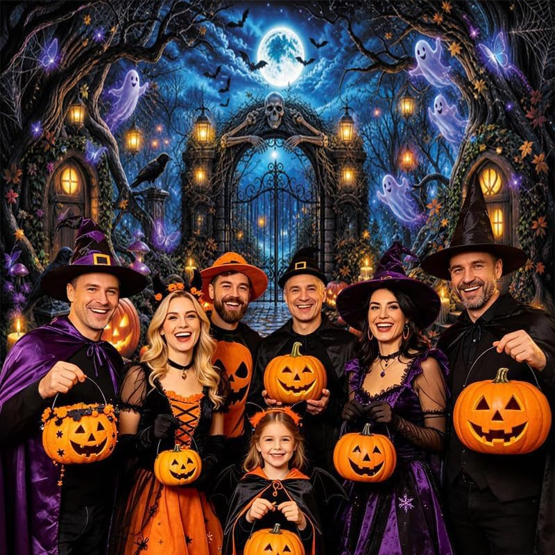 10X8Ft Halloween Cemetery Backdrop, Spooky Forest Skeleton Gate Photography Background with Jack‑O‑Lantern Ghost Crow Maple Leaves, Halloween Party Decor, Photo Booth Props - Image 8
