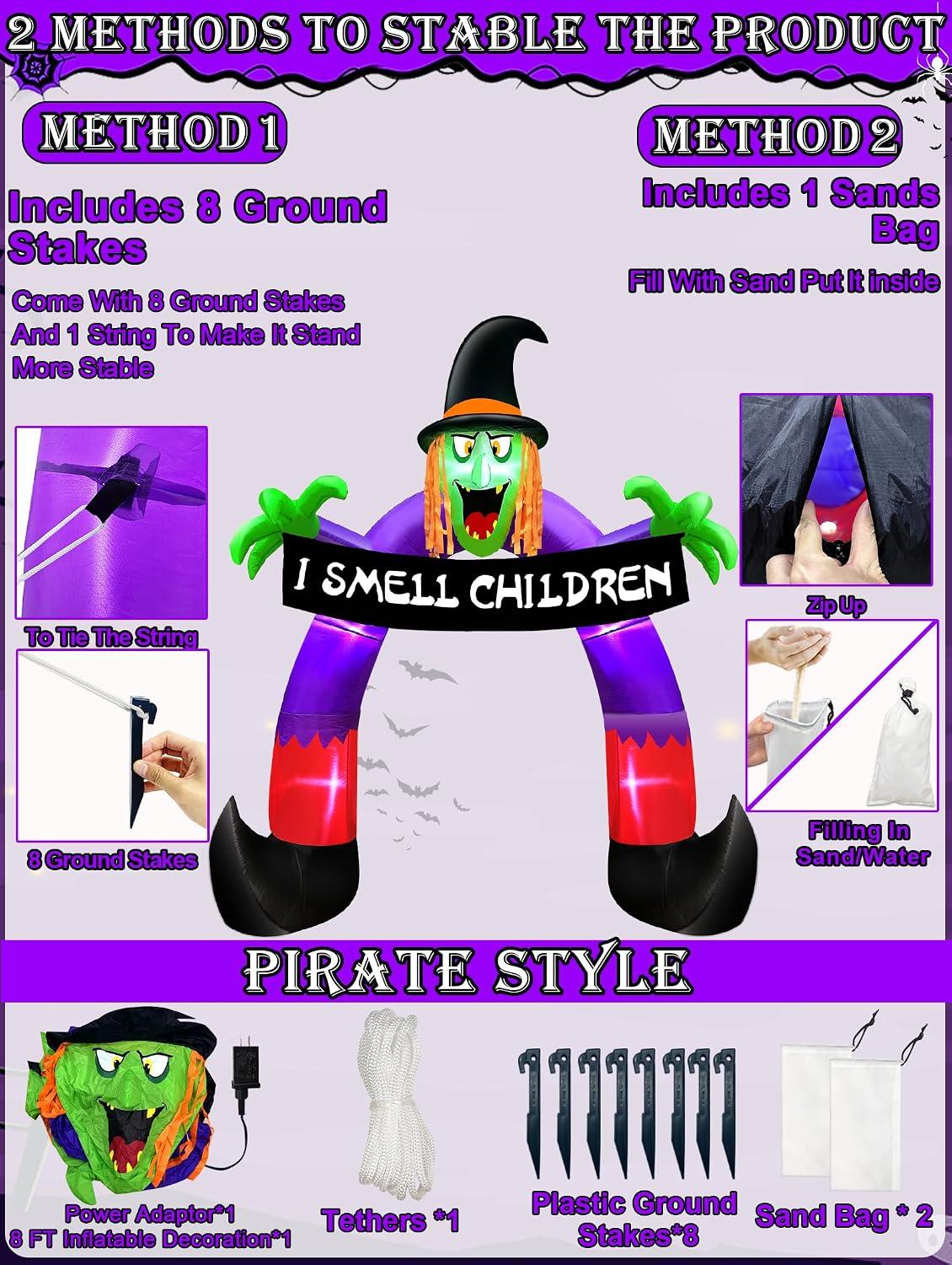 8Ft Halloween Inflatables Outdoor Decorations Witch Holds Banner Archway - Image 4
