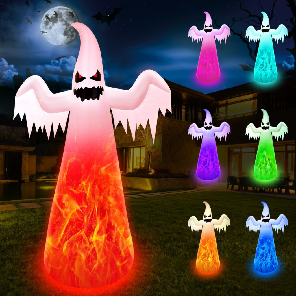 12FT Giant Halloween Inflatables Ghost with 7-Colored Flame Rotation LED Lights, Huge Halloween Decorations Outdoor Large Halloween Blow up Yard Decorations Tall Blow-Ups for Yard Lawn Decor (1Pcs