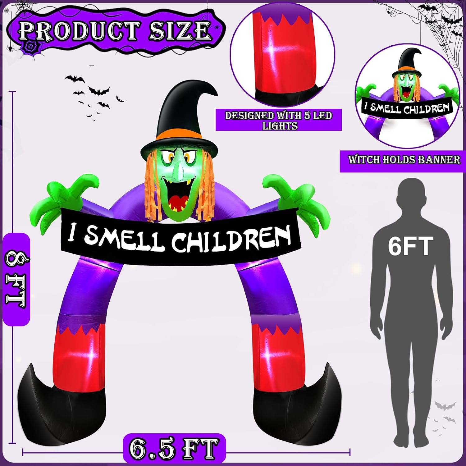 8Ft Halloween Inflatables Outdoor Decorations Witch Holds Banner Archway - Image 2