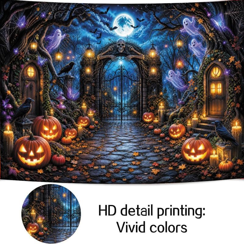 10X8Ft Halloween Cemetery Backdrop, Spooky Forest Skeleton Gate Photography Background with Jack‑O‑Lantern Ghost Crow Maple Leaves, Halloween Party Decor, Photo Booth Props - Image 2
