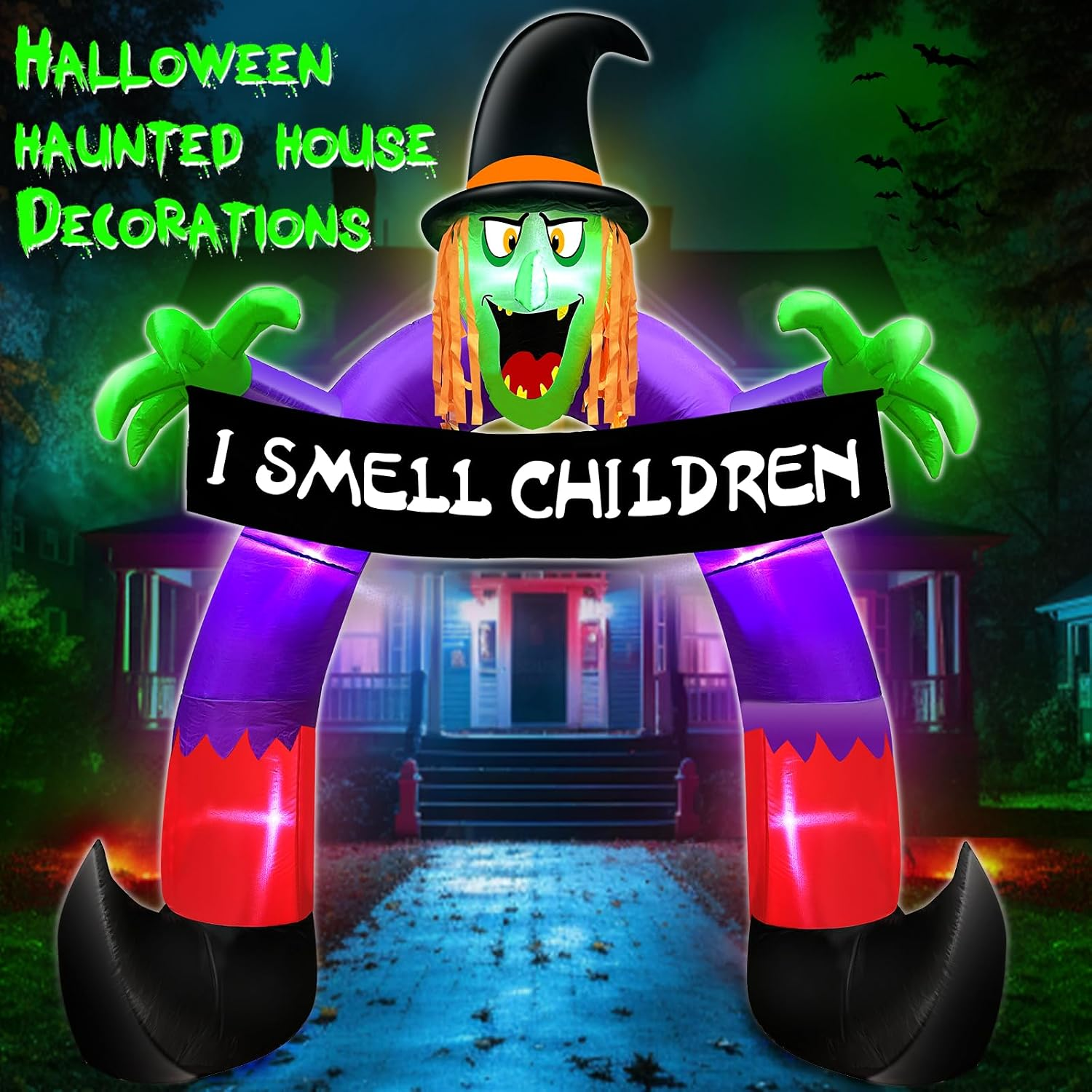 8Ft Halloween Inflatables Outdoor Decorations Witch Holds Banner Archway - Image 3