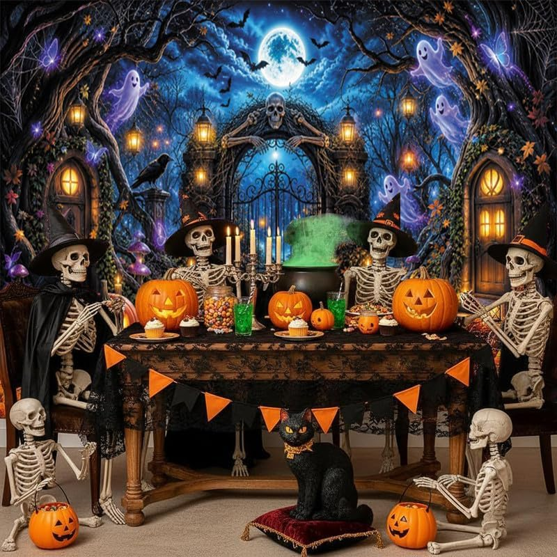 10X8Ft Halloween Cemetery Backdrop, Spooky Forest Skeleton Gate Photography Background with Jack‑O‑Lantern Ghost Crow Maple Leaves, Halloween Party Decor, Photo Booth Props - Image 5