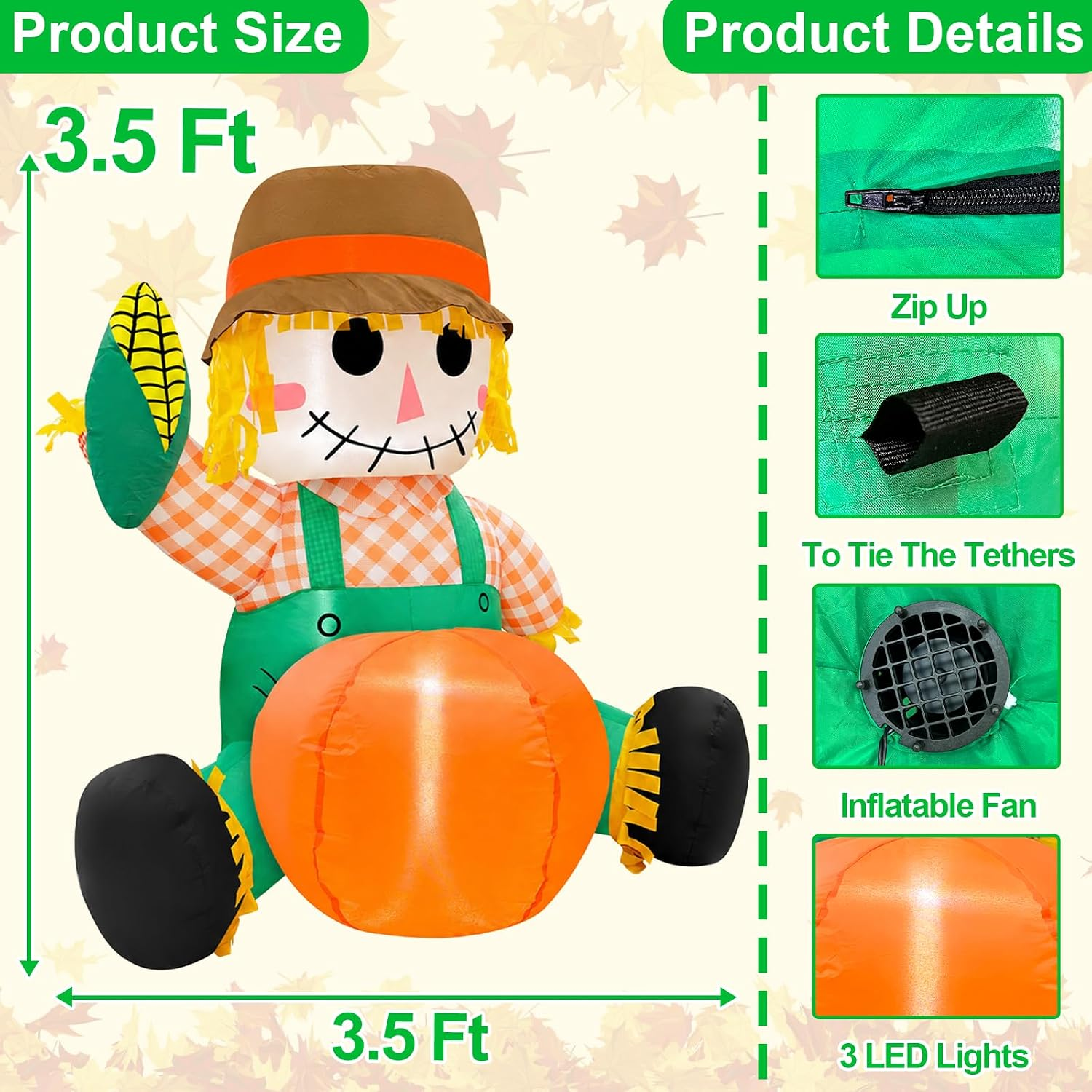 3.5FT Fall Thanksgiving Inflatables Outdoor Decorations with Built-In Leds - Image 2