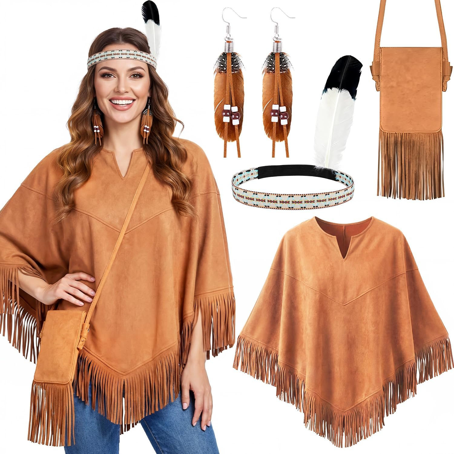 Women’S Native American Inspired Costume Set – Brown Tassel Poncho with Fringe Crossbody Bag, Feather Headband, Tribal Style Earrings for Halloween Carnival Cosplay Party Dress Up