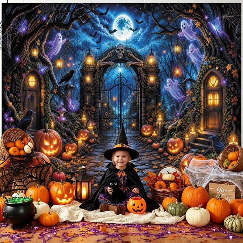 10X8Ft Halloween Cemetery Backdrop, Spooky Forest Skeleton Gate Photography Background with Jack‑O‑Lantern Ghost Crow Maple Leaves, Halloween Party Decor, Photo Booth Props - Image 4