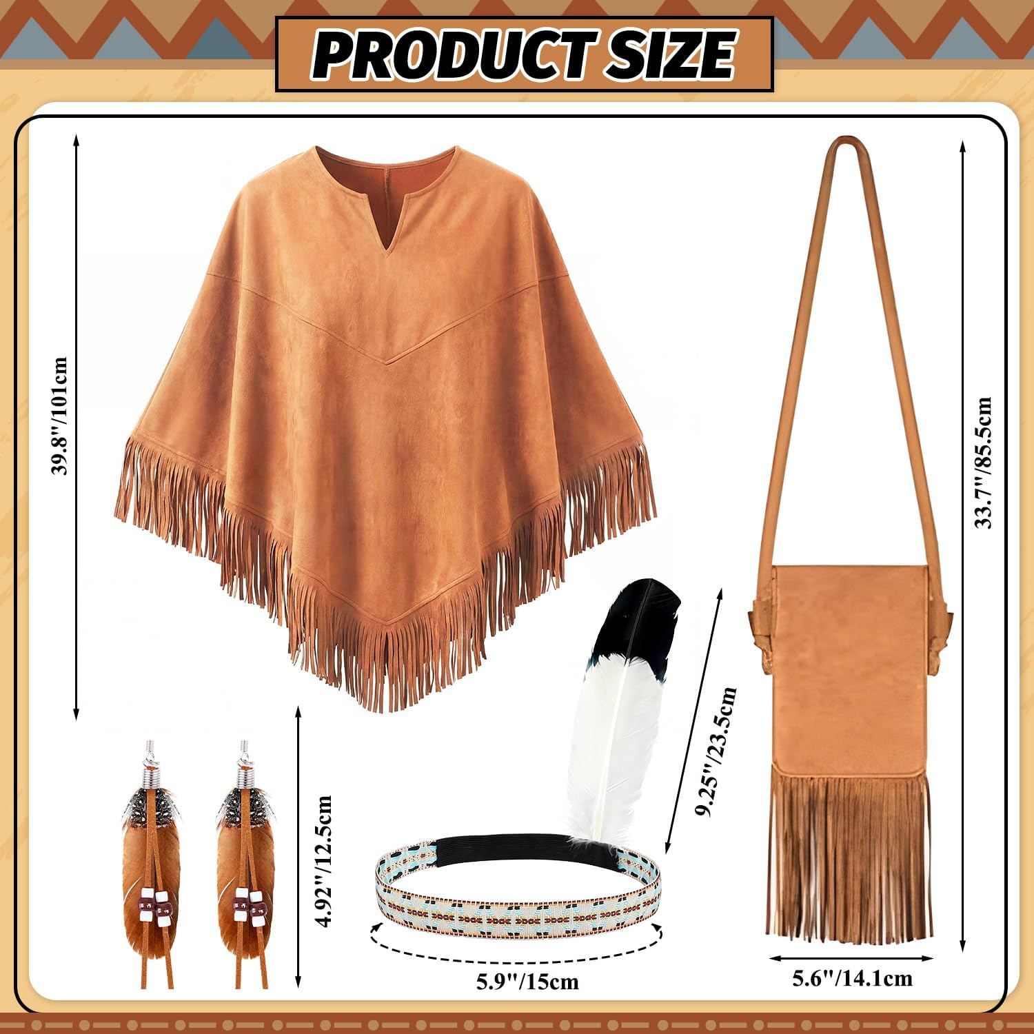 Women’S Native American Inspired Costume Set – Brown Tassel Poncho with Fringe Crossbody Bag, Feather Headband, Tribal Style Earrings for Halloween Carnival Cosplay Party Dress Up - Image 3