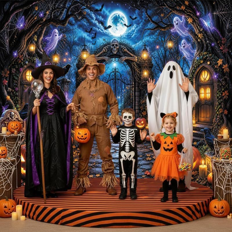 10X8Ft Halloween Cemetery Backdrop, Spooky Forest Skeleton Gate Photography Background with Jack‑O‑Lantern Ghost Crow Maple Leaves, Halloween Party Decor, Photo Booth Props - Image 6