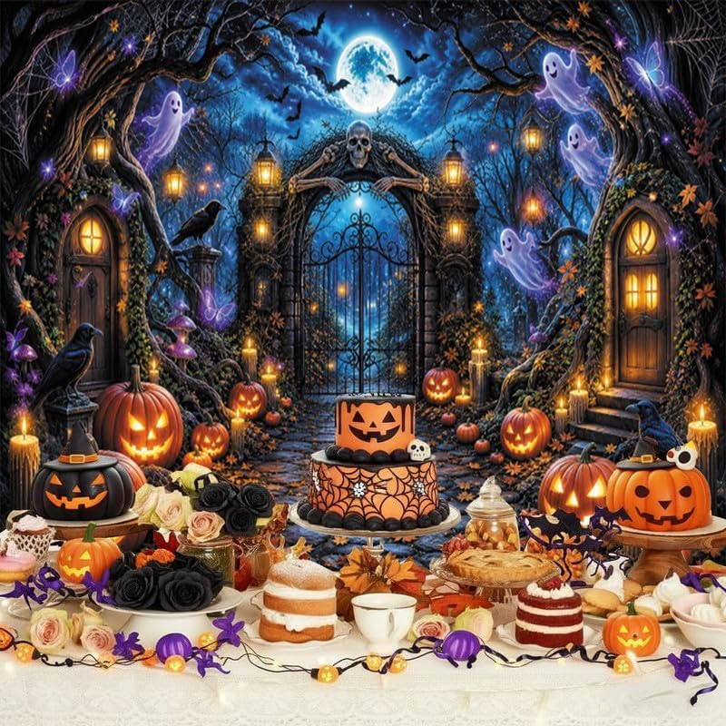 10X8Ft Halloween Cemetery Backdrop, Spooky Forest Skeleton Gate Photography Background with Jack‑O‑Lantern Ghost Crow Maple Leaves, Halloween Party Decor, Photo Booth Props - Image 9