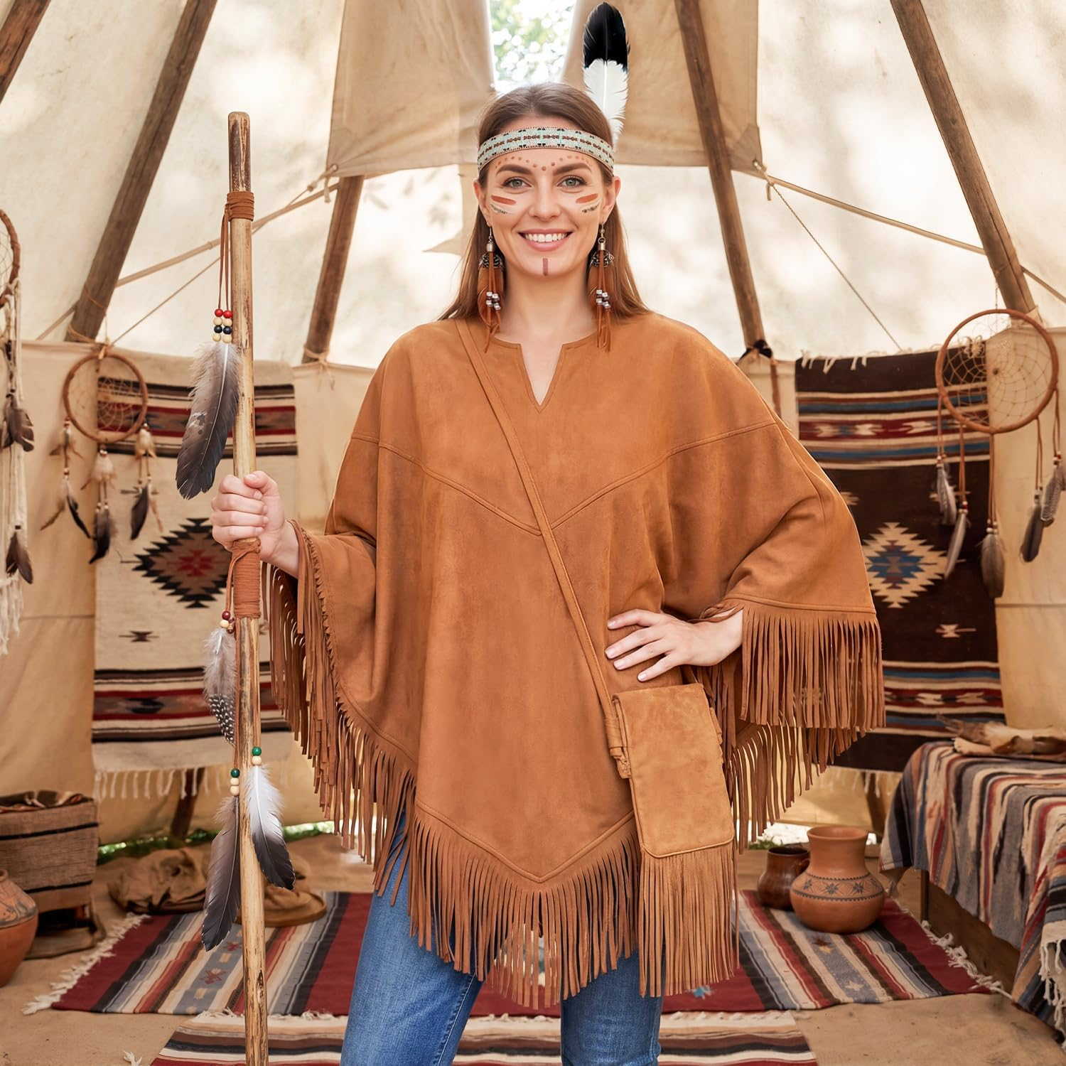 Women’S Native American Inspired Costume Set – Brown Tassel Poncho with Fringe Crossbody Bag, Feather Headband, Tribal Style Earrings for Halloween Carnival Cosplay Party Dress Up - Image 5