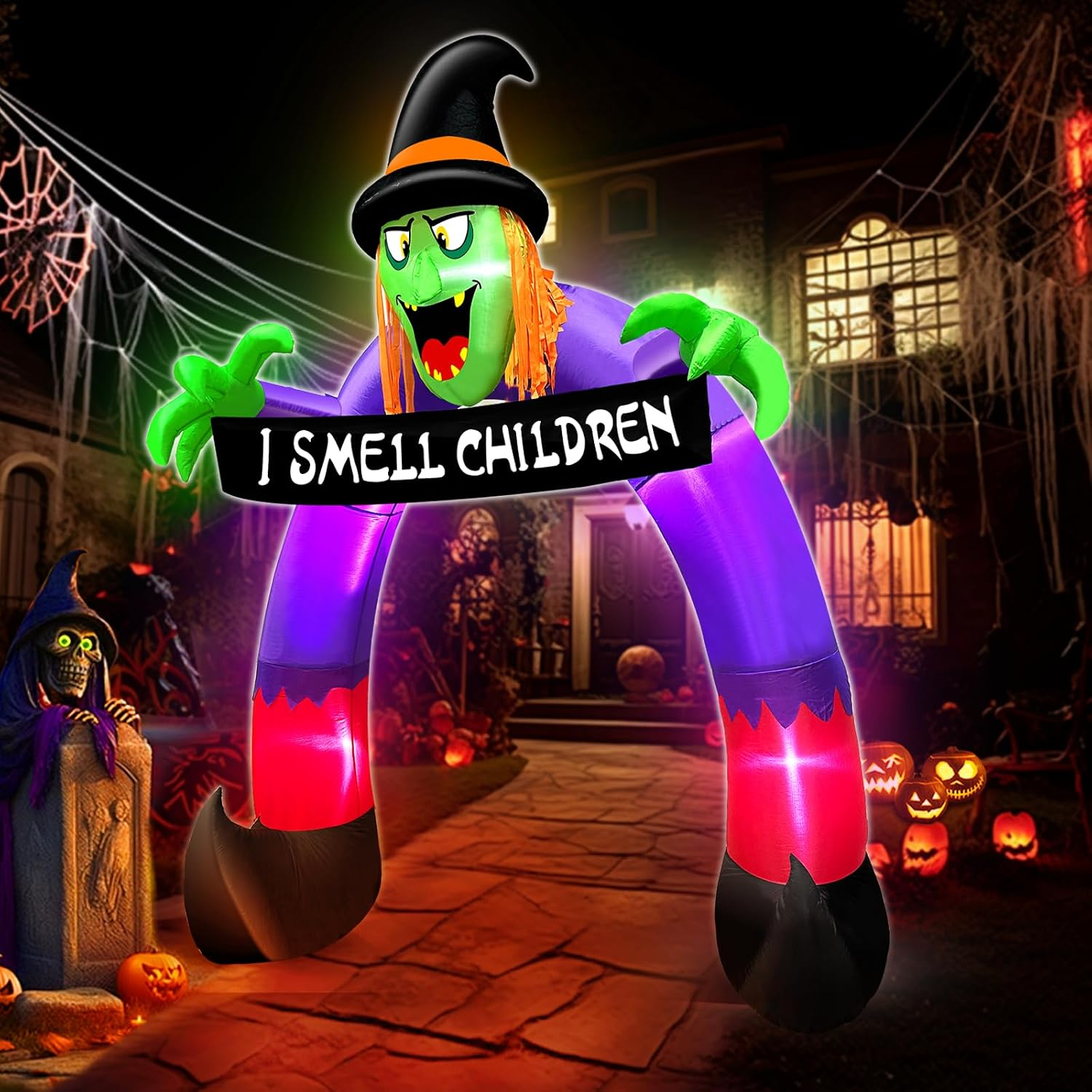 8Ft Halloween Inflatables Outdoor Decorations Witch Holds Banner Archway - Image 6