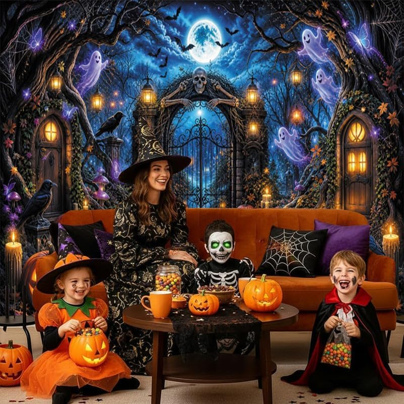 10X8Ft Halloween Cemetery Backdrop, Spooky Forest Skeleton Gate Photography Background with Jack‑O‑Lantern Ghost Crow Maple Leaves, Halloween Party Decor, Photo Booth Props - Image 7